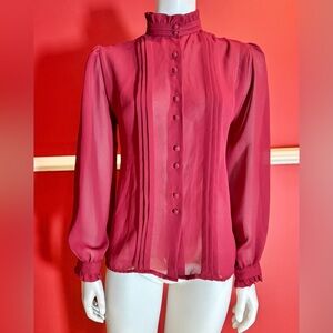Chagall vintage button up sheer burgundy blouse with ruffle embellishment